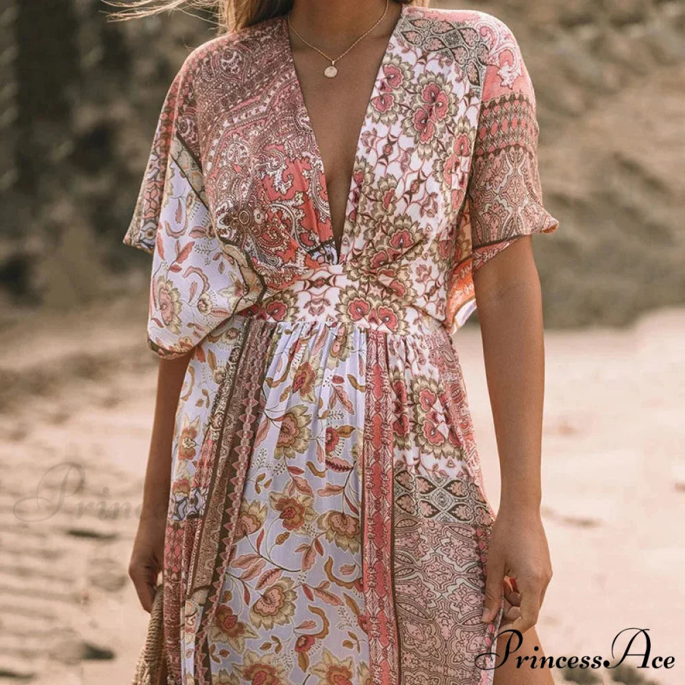 Flower Smock Gown Chiffon Swimsuit Cover Up Bohemian Dress