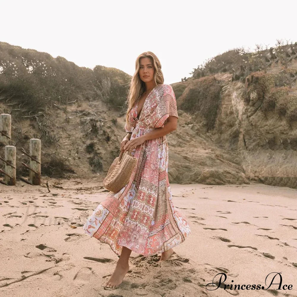 Flower Smock Gown Chiffon Swimsuit Cover Up Bohemian Dress
