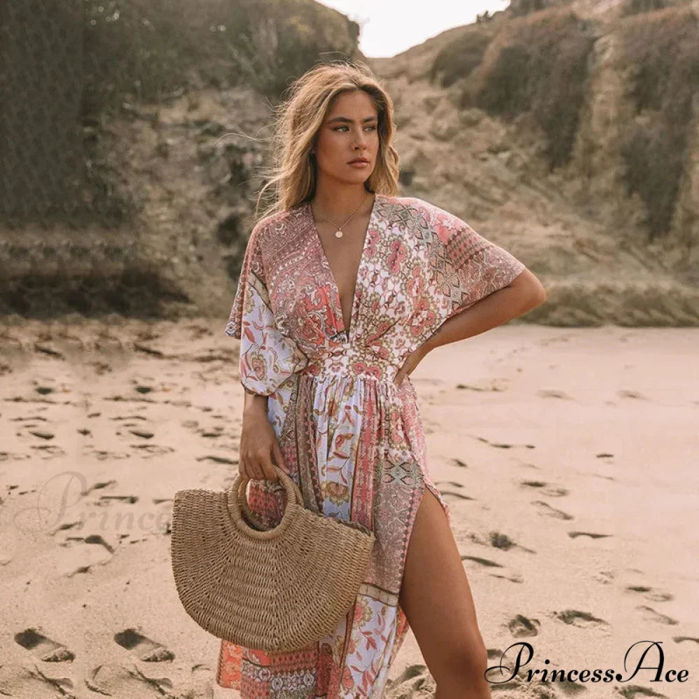 Flower Smock Gown Chiffon Swimsuit Cover Up Bohemian Dress