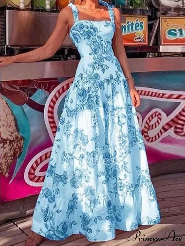 Flower Spaghetti Strap Tall Waist Maxi Dress