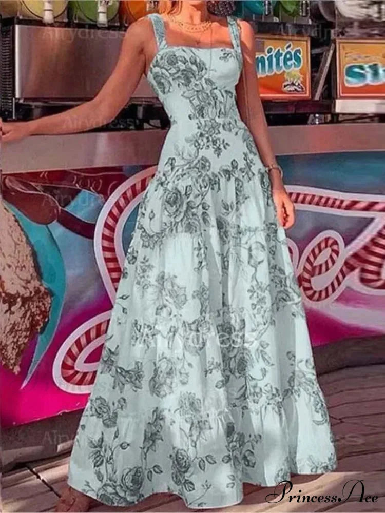 Flower Spaghetti Strap Tall Waist Maxi Dress