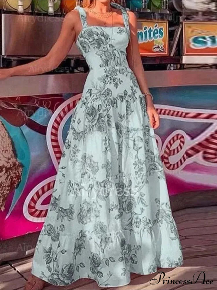 Flower Spaghetti Strap Tall Waist Maxi Dress
