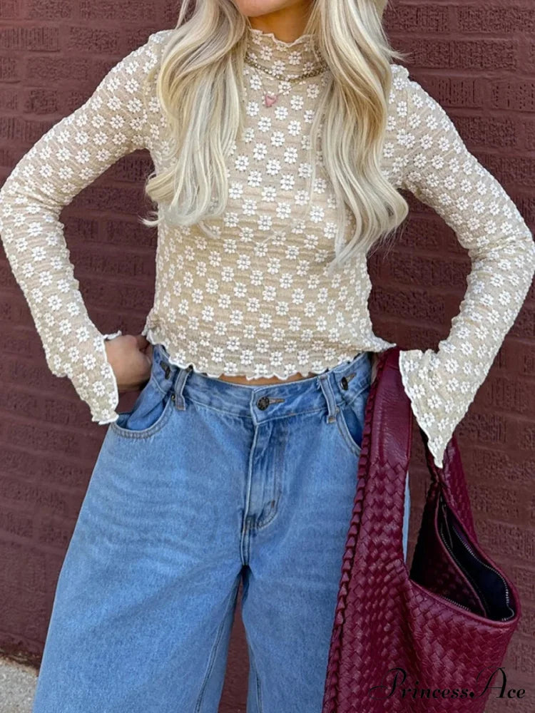 Flower Transparent False Neck Long Sleeve Lettuce Hem Crop Top