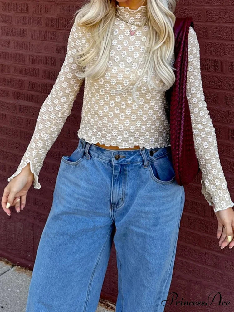 Flower Transparent False Neck Long Sleeve Lettuce Hem Crop Top