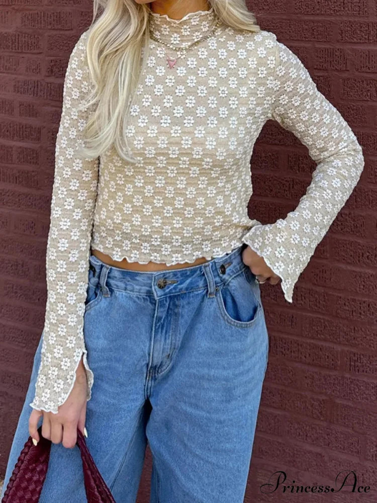 Flower Transparent False Neck Long Sleeve Lettuce Hem Crop Top