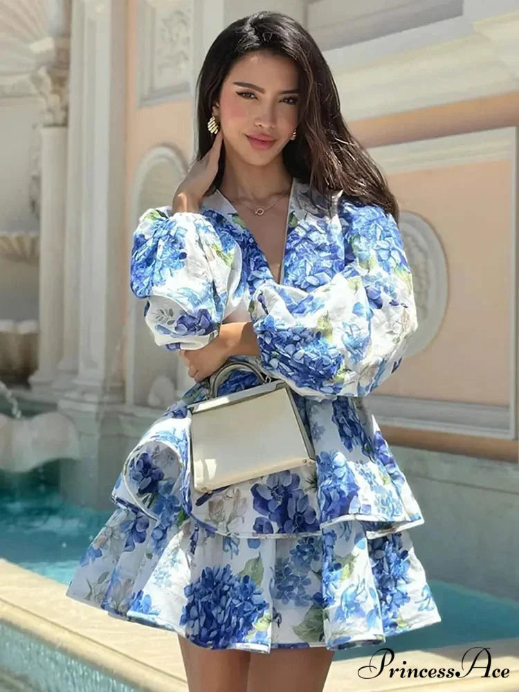 Flower V-Neck Frill Mini Flower Dress