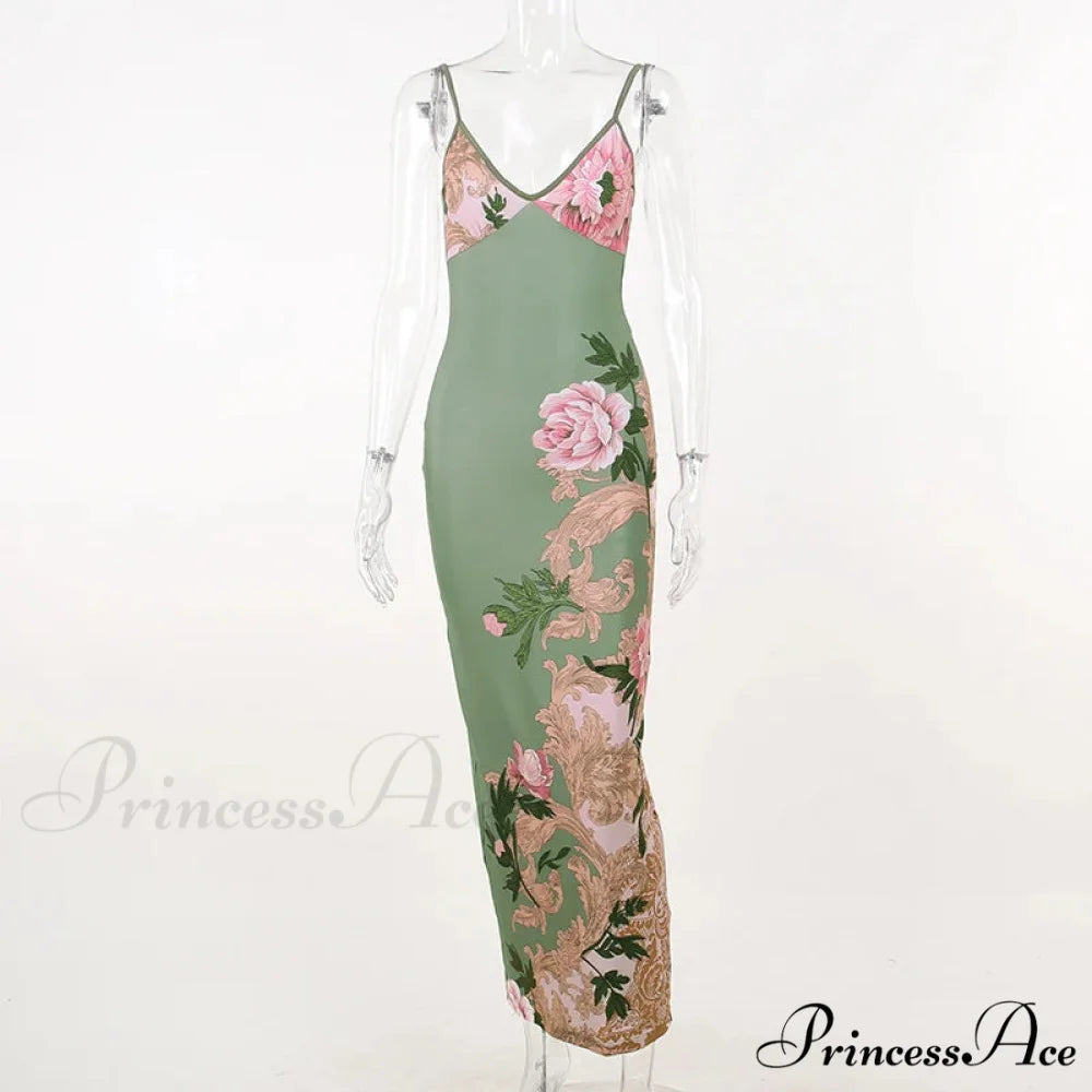 Flower V-neck Trim Long Floral Dress