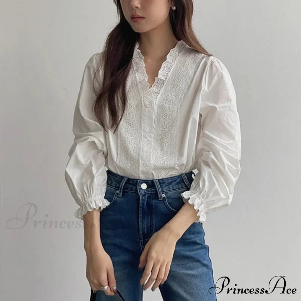 Flowy Sleeve Frills V-Neck Cotton Bohemian Work Blouse