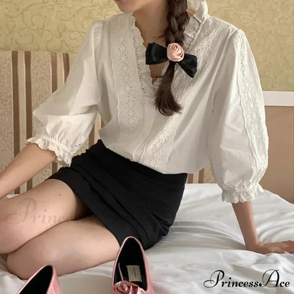 Flowy Sleeve Frills V-Neck Cotton Bohemian Work Blouse