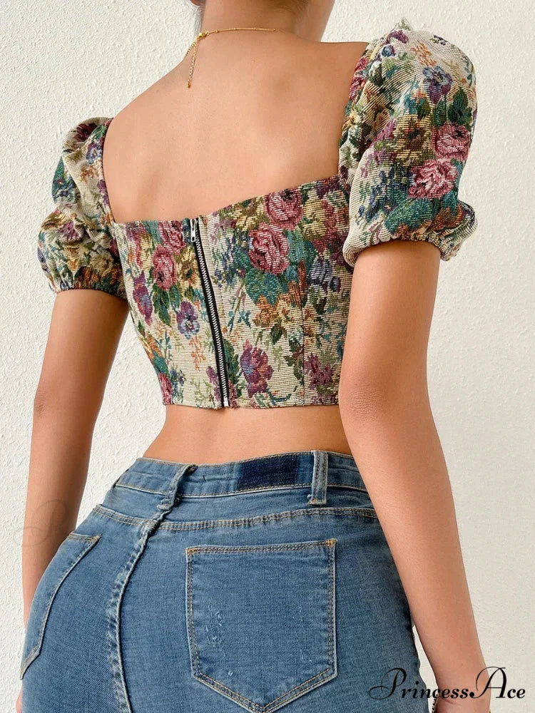 French Flowery Corset Lace Up Bustier Crop Top