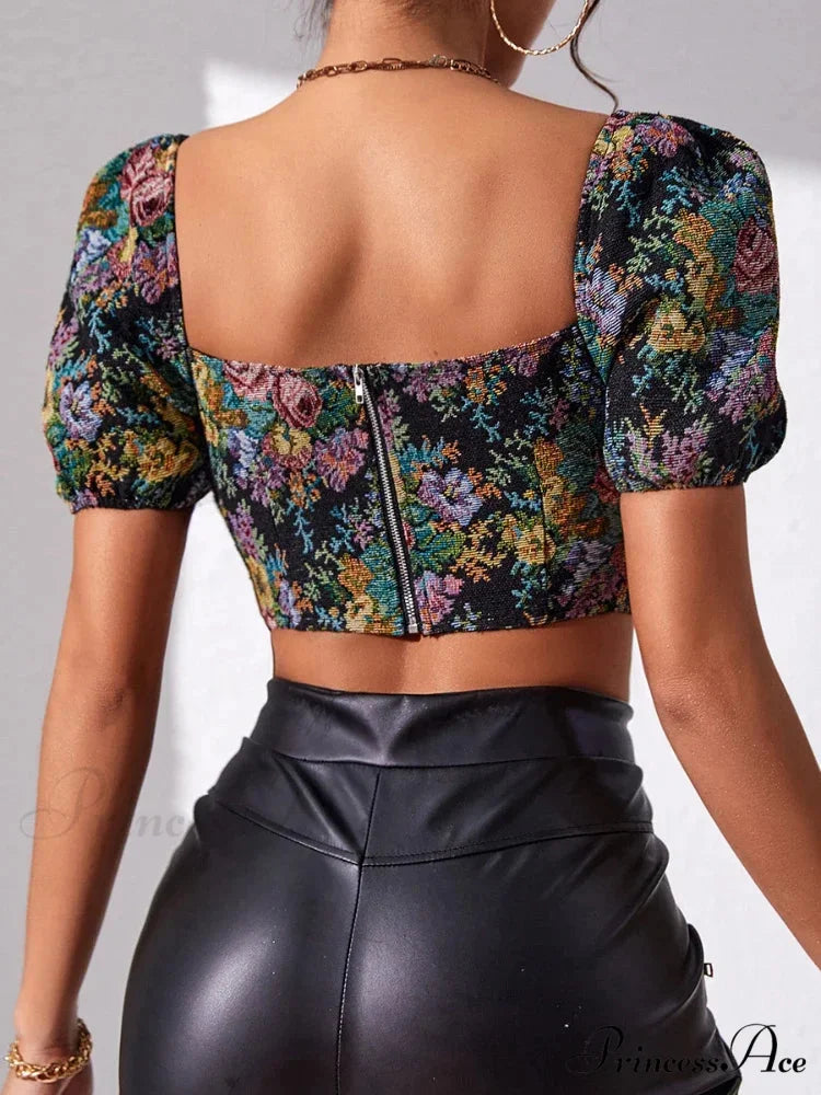 French Flowery Corset Lace Up Bustier Crop Top