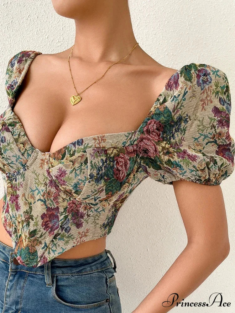 French Flowery Corset Lace Up Bustier Crop Top
