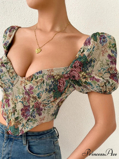 French Flowery Corset Lace Up Bustier Crop Top