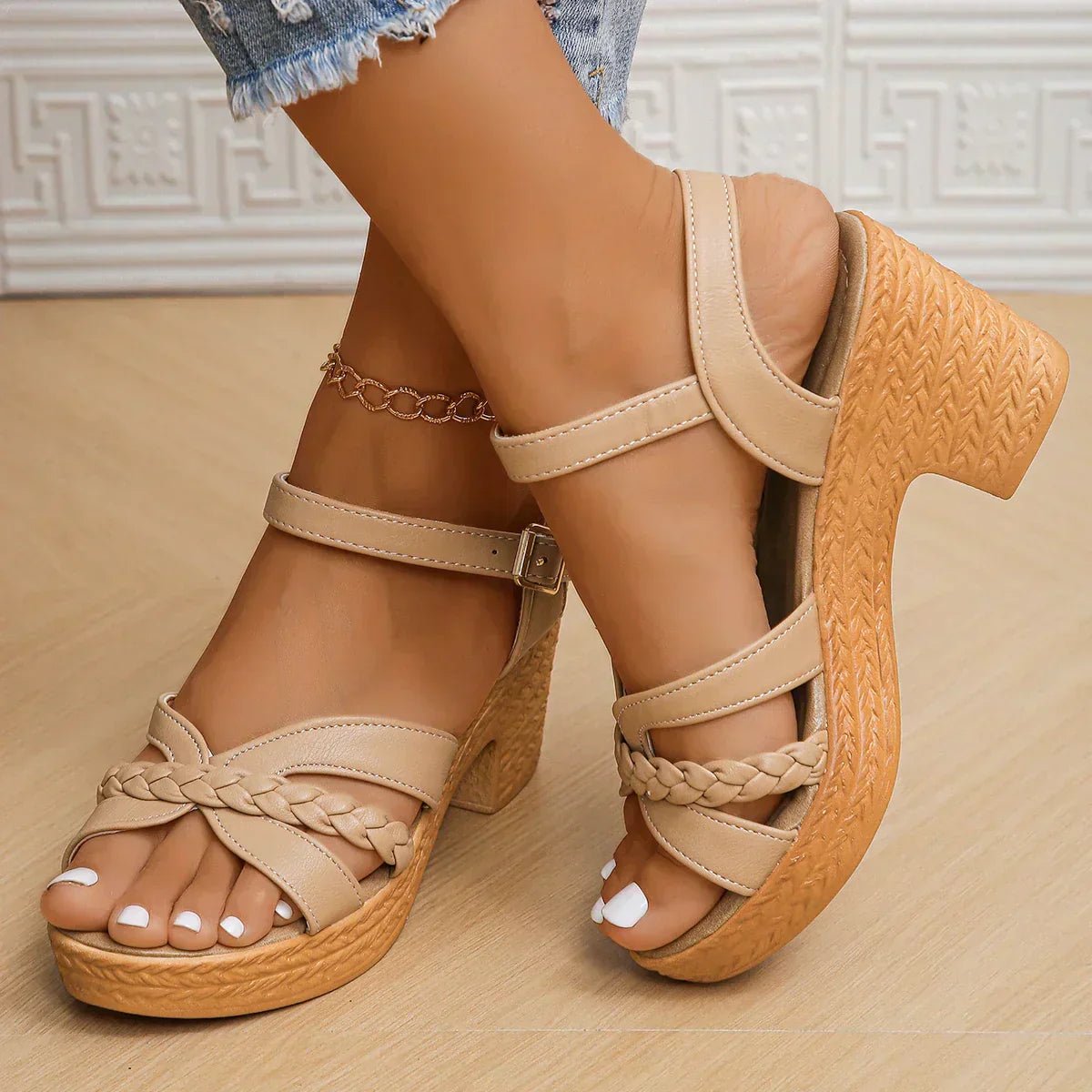 Braided Strappy Ankle Strap Block Heel Platform Sandal