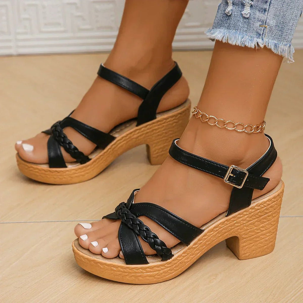 Braided Strappy Ankle Strap Block Heel Platform Sandal