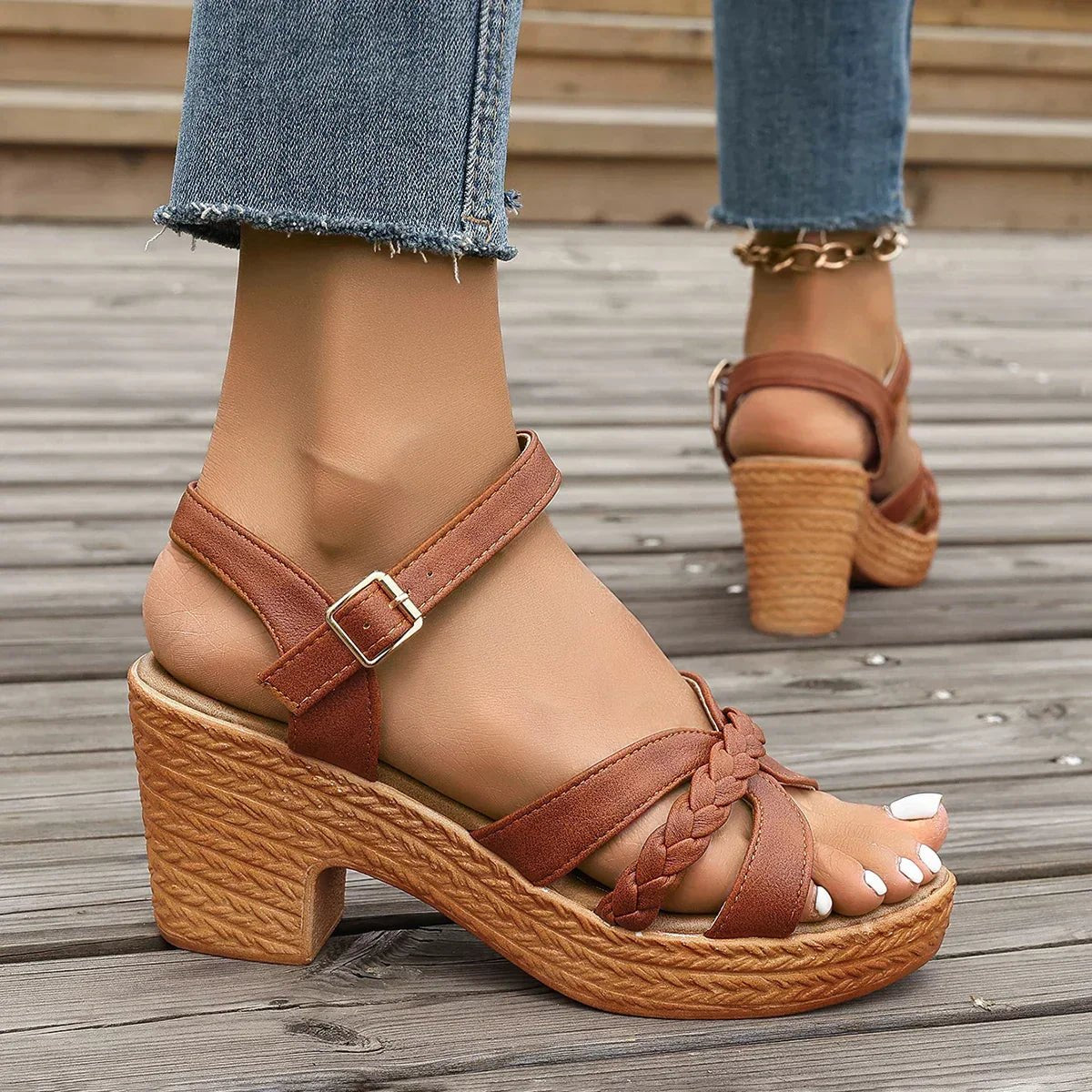 Braided Strappy Ankle Strap Block Heel Platform Sandal