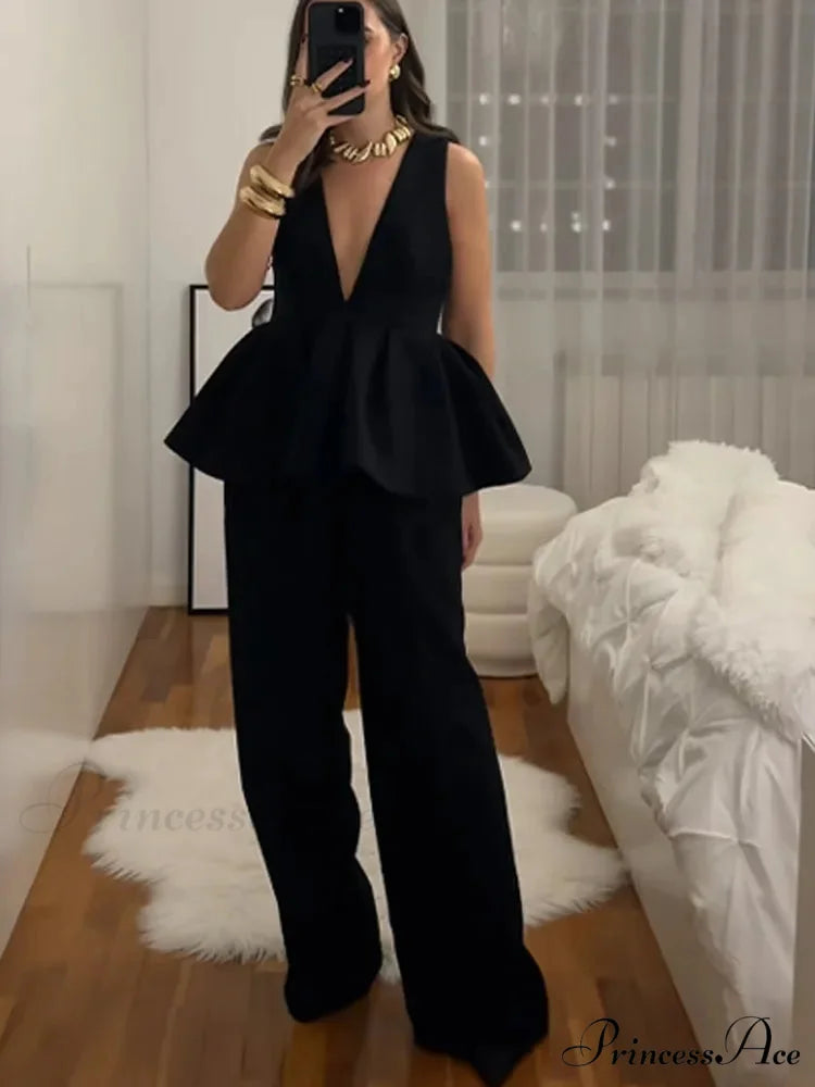 Frilled plunge relaxed office two-piece set from Hicosy