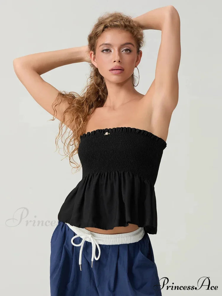 Frilled Strapless Shirred Flowing Hem Bodydoll Tube Top
