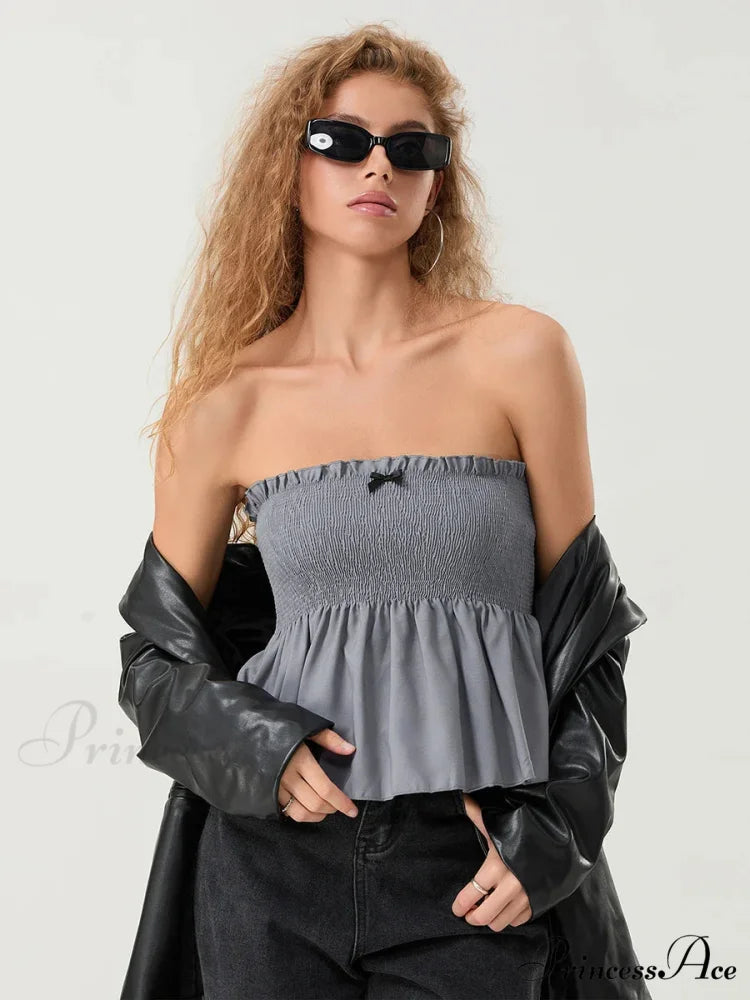 Frilled Strapless Shirred Flowing Hem Bodydoll Tube Top