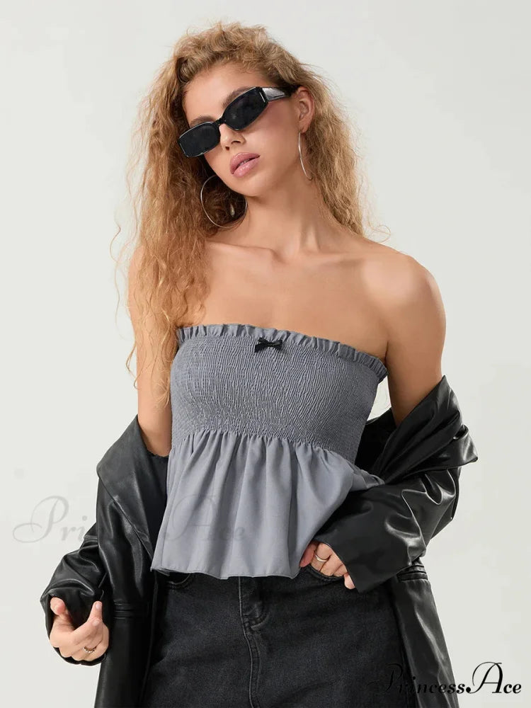 Frilled Strapless Shirred Flowing Hem Bodydoll Tube Top