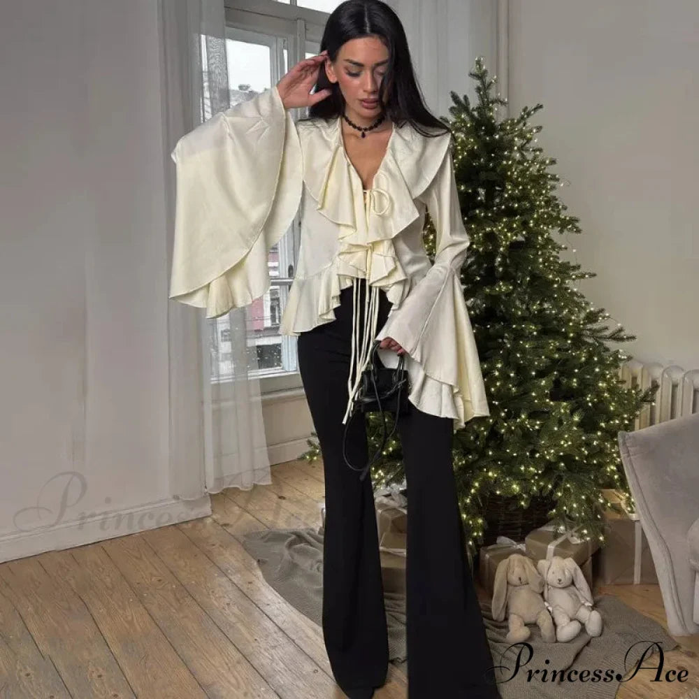 Frilled Tied-Up V-neck Informal Long Sleeve Blouse