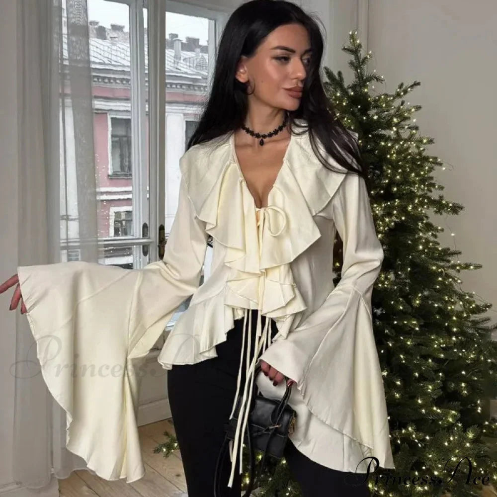 Frilled Tied-Up V-neck Informal Long Sleeve Blouse