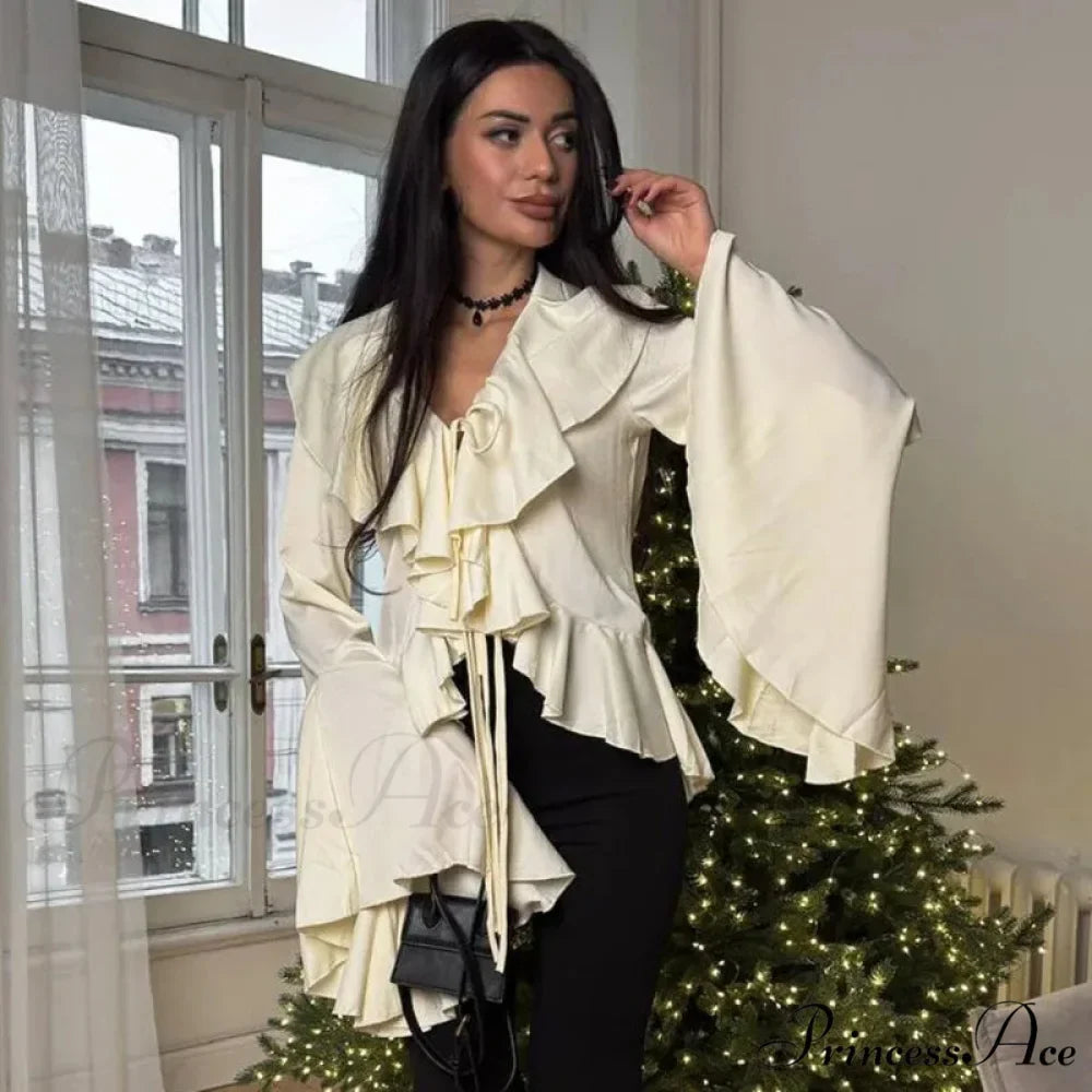 Frilled Tied-Up V-neck Informal Long Sleeve Blouse