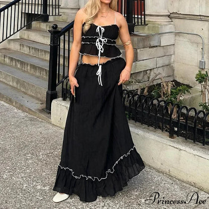 Frills Fasten-Up Front Camisole Crop Top Maxi Skirt Two Pieces Set
