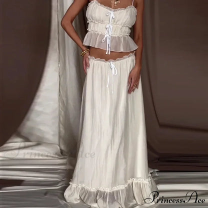Frills Fasten-Up Front Camisole Crop Top Maxi Skirt Two Pieces Set