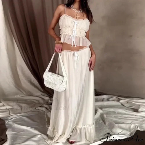 Frills Fasten-Up Front Camisole Crop Top Maxi Skirt Two Pieces Set