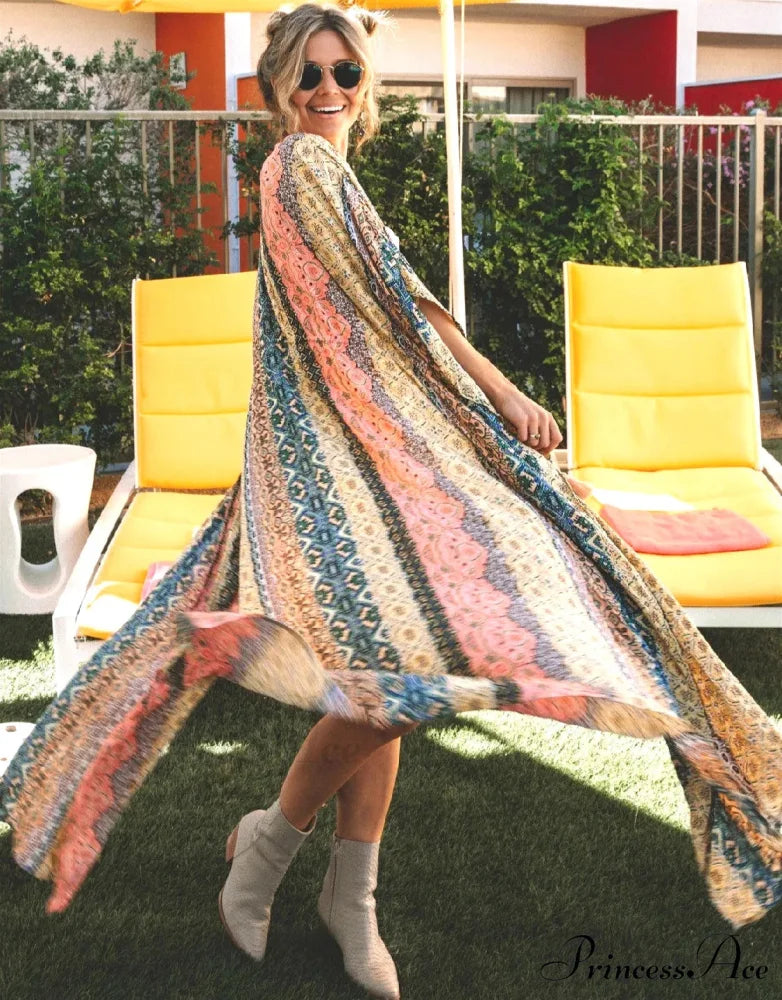 Fringe Lace-up Kimono Cotton Patterned Swimsuit Cover up