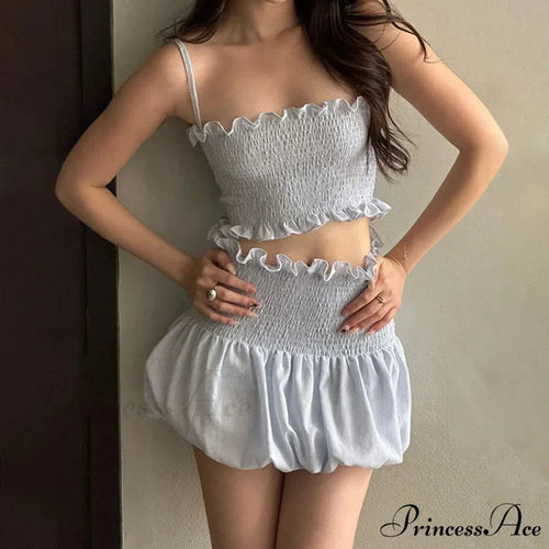 Gathered Tartan Camisole Crop Top Mini Bubble Skirt Two Pieces Set