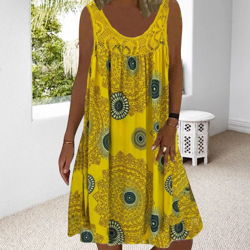 Mandala Print Lace Yoke Scoop Neck Sleeveless Boho Midi Dress