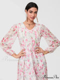 Graceful Botanical Cascading Long Sleeve A-Line Floral Dress