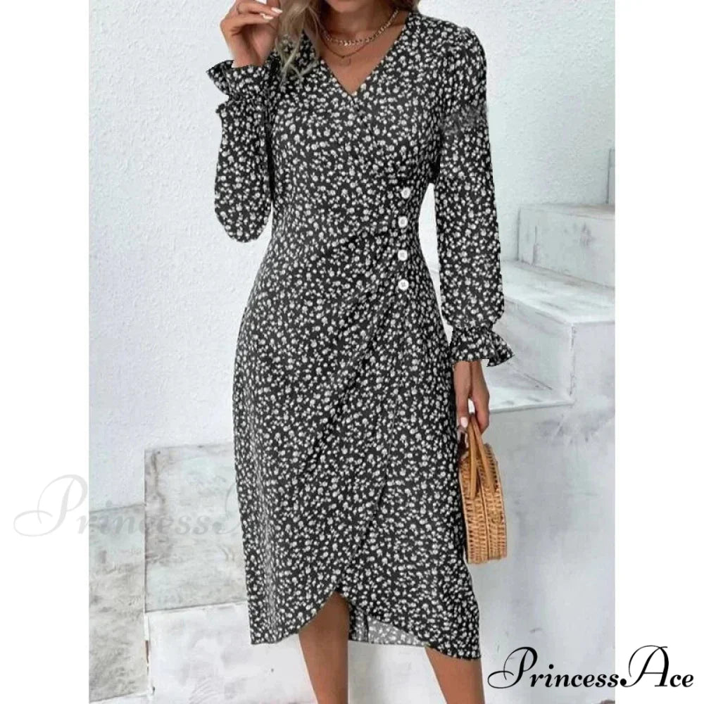Graceful Flower Midi Puff Sleeve Gathered Waist Flower Dress