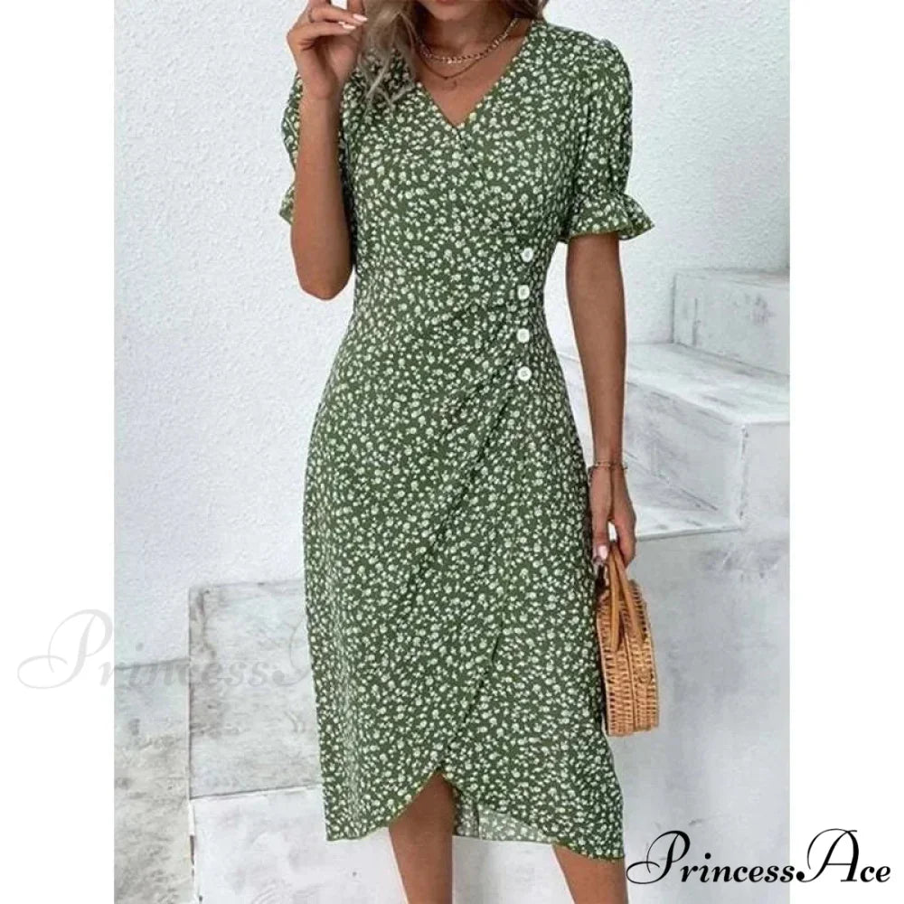 Graceful Flower Midi Puff Sleeve Gathered Waist Flower Dress