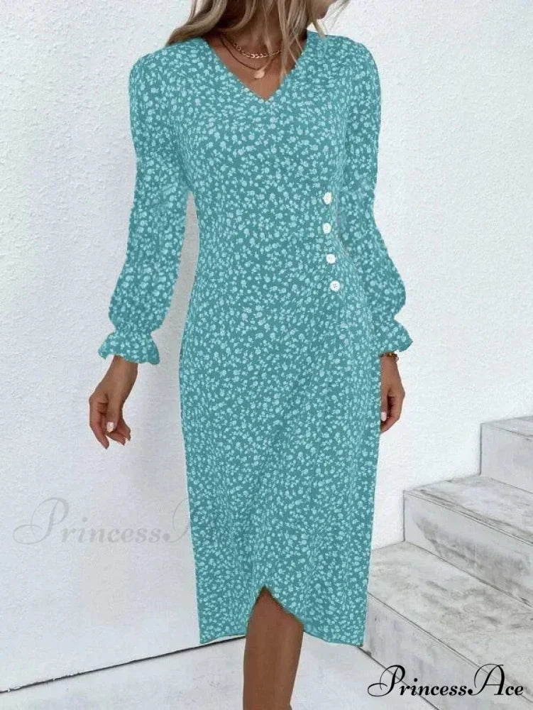 Graceful Flower Midi Puff Sleeve Gathered Waist Flower Dress