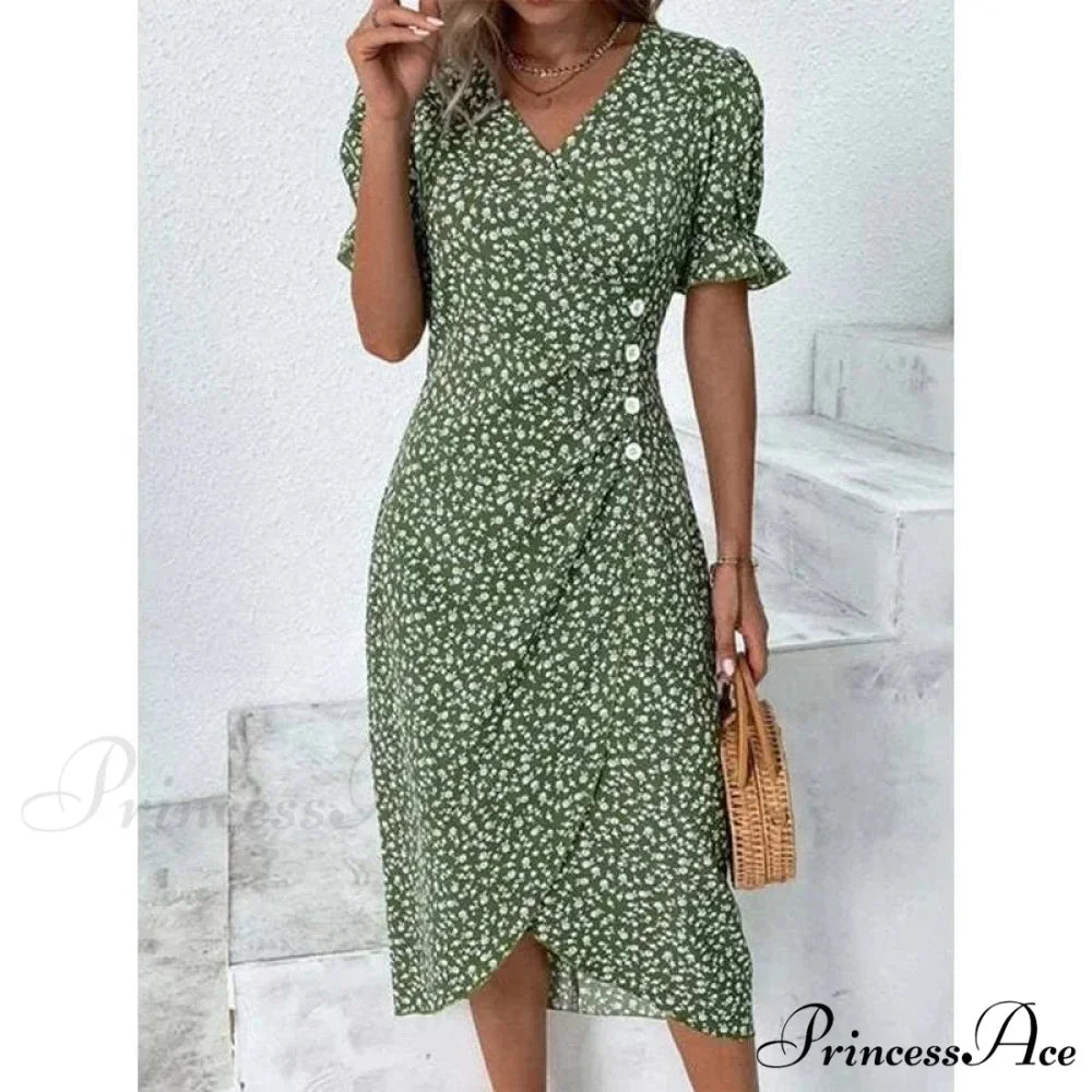 Graceful Flower Midi Puff Sleeve Gathered Waist Flower Dress