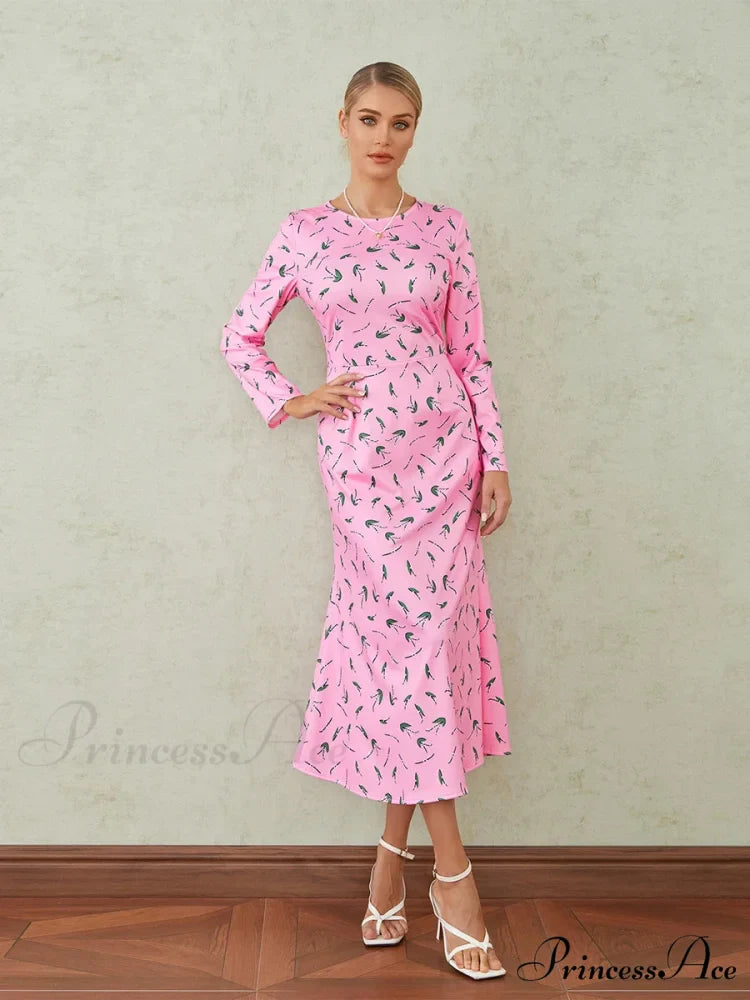 Graceful Flower Pattern Fishtail O-neck Wrap Midi Flower Dress