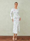 Graceful Flower Pattern Fishtail O-neck Wrap Midi Flower Dress