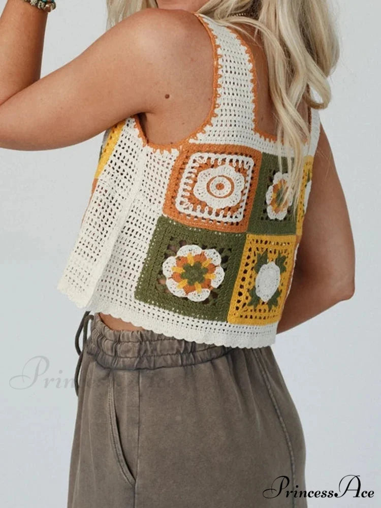 Granny Square Crochet Floral Embroidery Cami Top
Modified Output: Elderly Square Knitted Flower Stitched Camisole Top