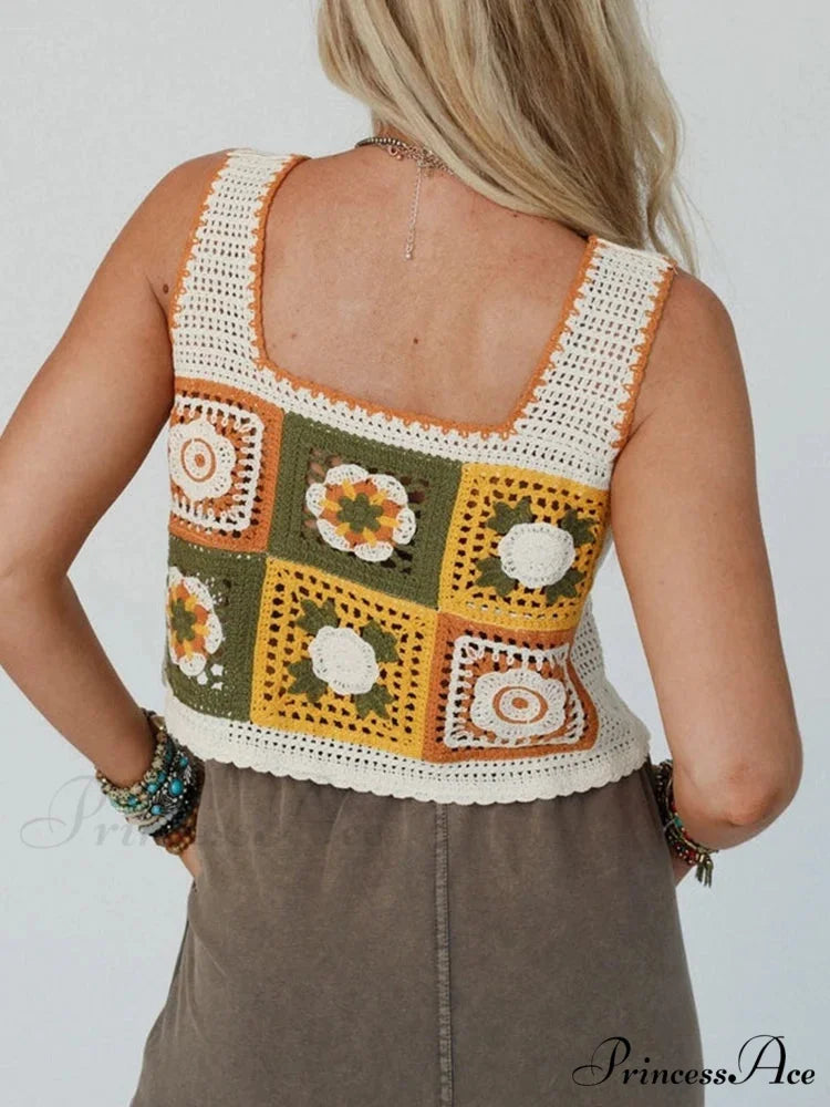 Granny Square Crochet Floral Embroidery Cami Top
Modified Output: Elderly Square Knitted Flower Stitched Camisole Top