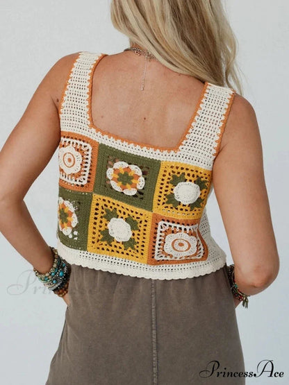Granny Square Crochet Floral Embroidery Cami Top
Modified Output: Elderly Square Knitted Flower Stitched Camisole Top