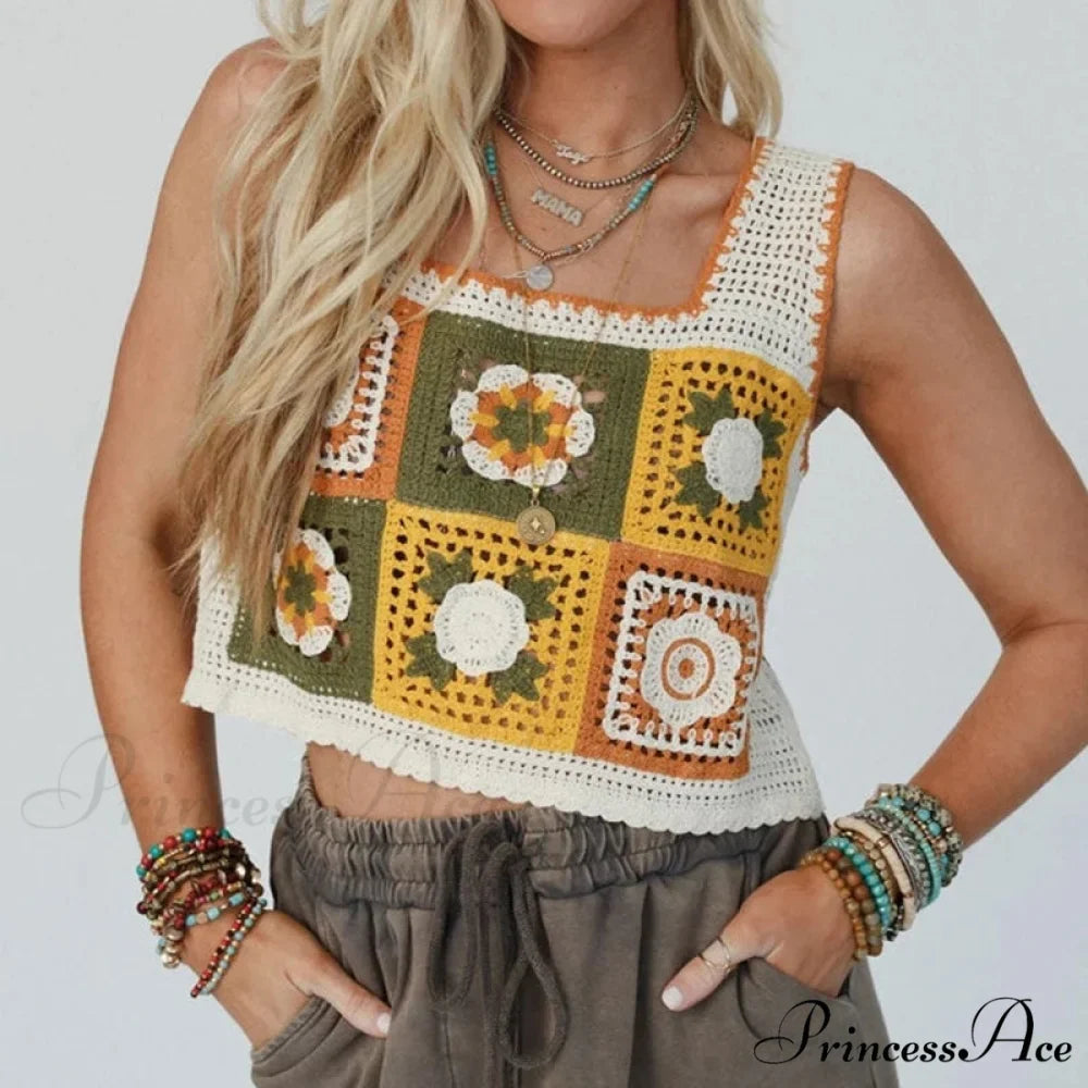 Granny Square Crochet Floral Embroidery Cami Top
Modified Output: Elderly Square Knitted Flower Stitched Camisole Top