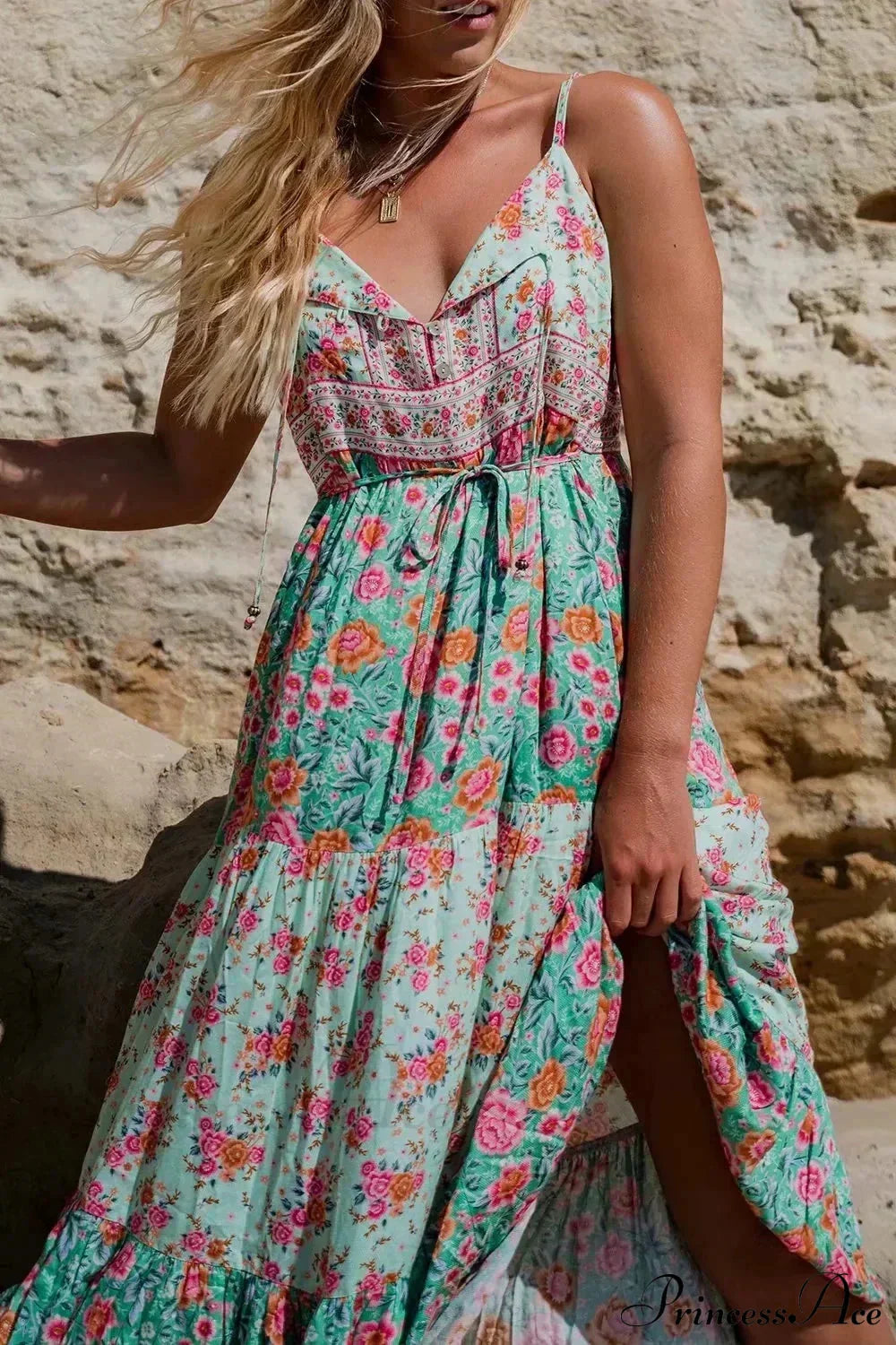 Green Floral Sleeveless Rayon Maxi Boho Dress