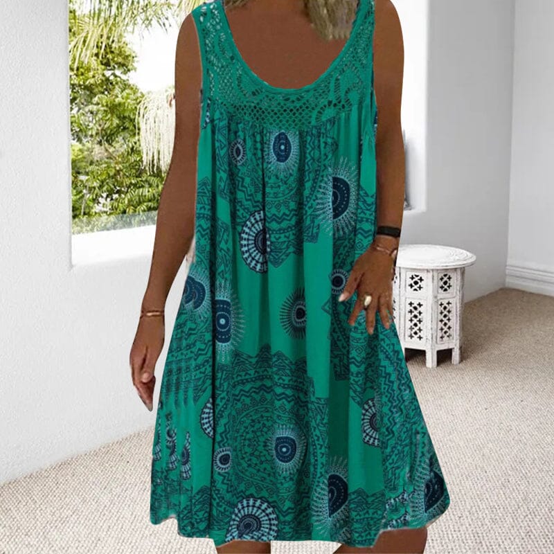Mandala Print Lace Yoke Scoop Neck Sleeveless Boho Midi Dress