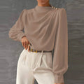 Mock Neck Gold Button Ruched Long Sleeve Dressy Blouse