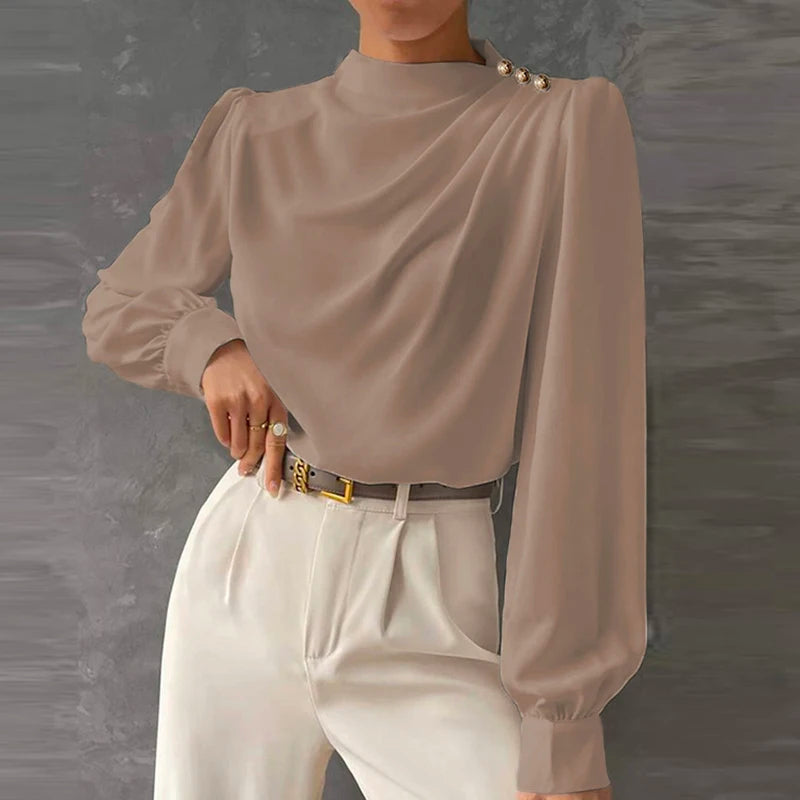 Mock Neck Gold Button Ruched Long Sleeve Dressy Blouse