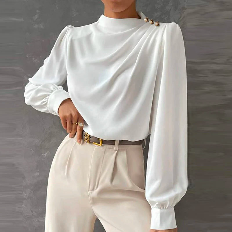 Mock Neck Gold Button Ruched Long Sleeve Dressy Blouse