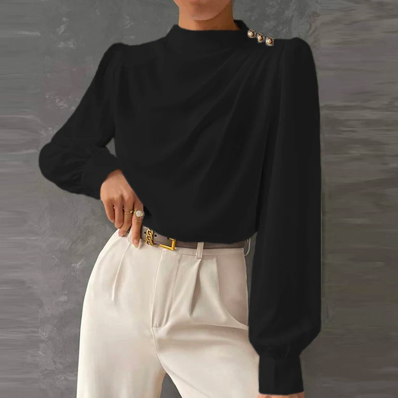 Mock Neck Gold Button Ruched Long Sleeve Dressy Blouse